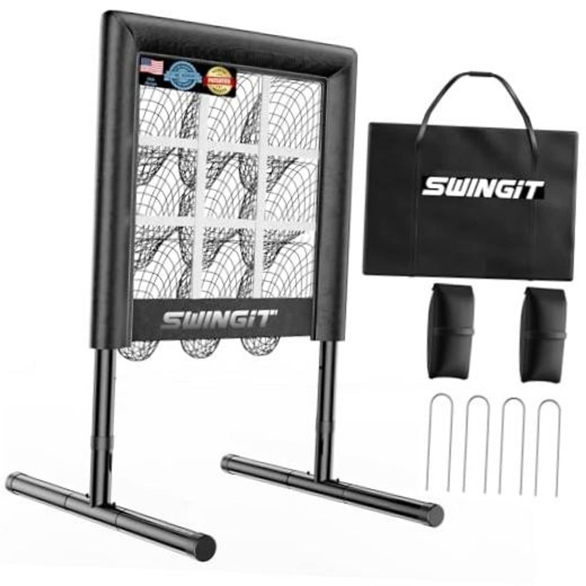 Black baseball pitching net with strike-zone grid, standing frame and side support bars.