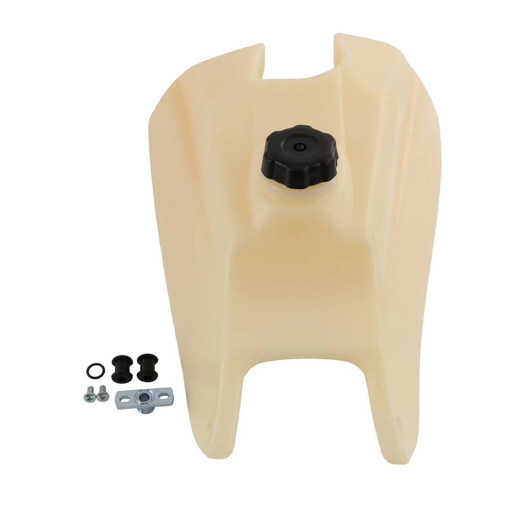Beige plastic fuel tank with black gas cap, front view