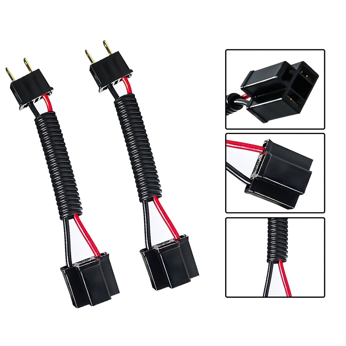 Two headlight wiring adapters with black housings, corrugated cables, red wiring