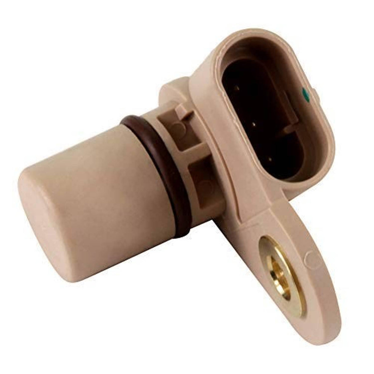 Camshaft position sensor with beige connector body and gold mounting ring