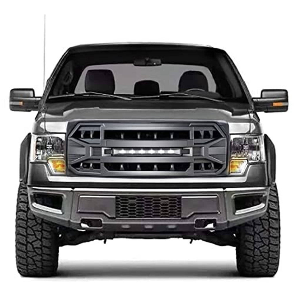 Matte black front grille replacement on truck front with LED bar and mesh