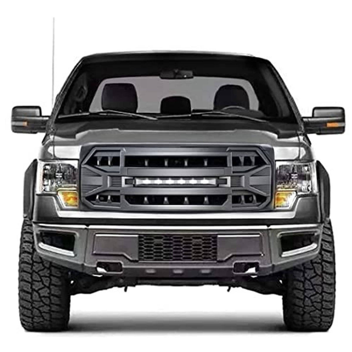 Matte black front grille replacement on truck front with LED bar and mesh