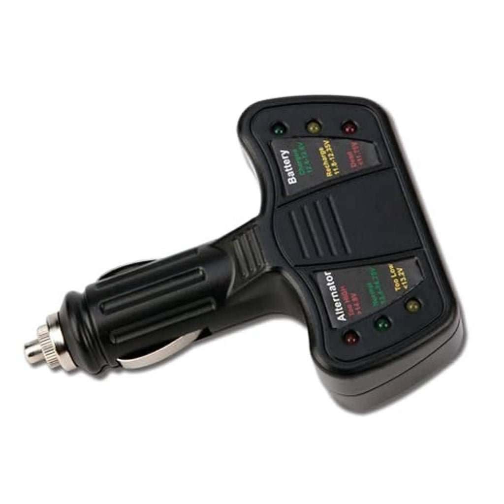 Black car battery and alternator tester with 12V plug and LED status indicators