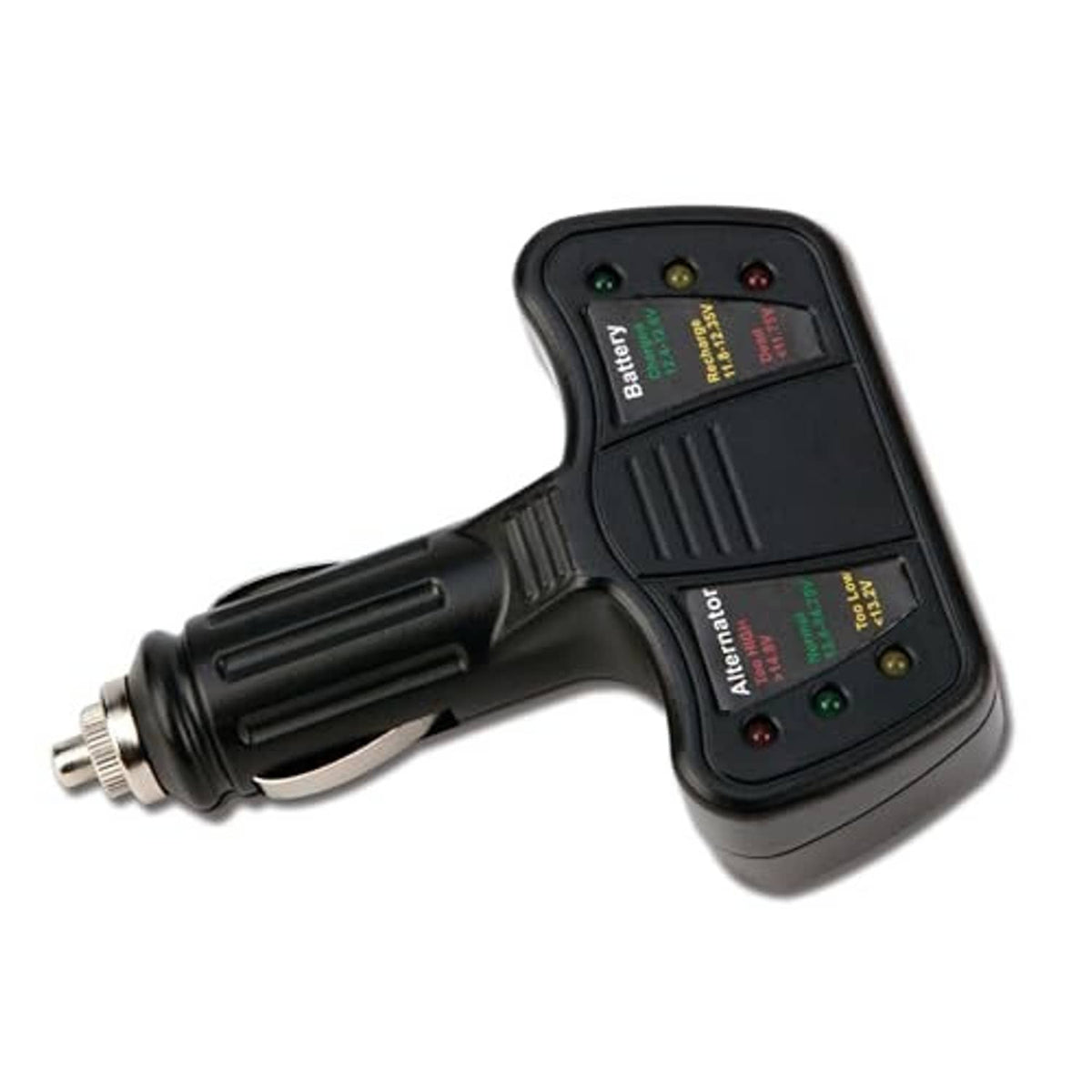 Black car battery and alternator tester with 12V plug and LED status indicators