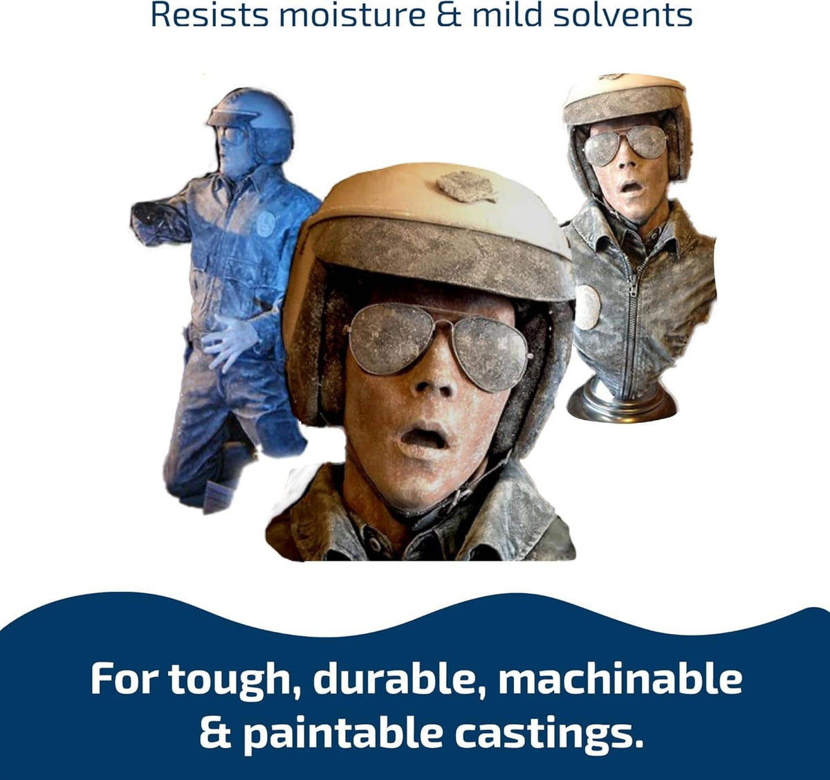 Bright white liquid plastic resin graphic with tough, durable casting message