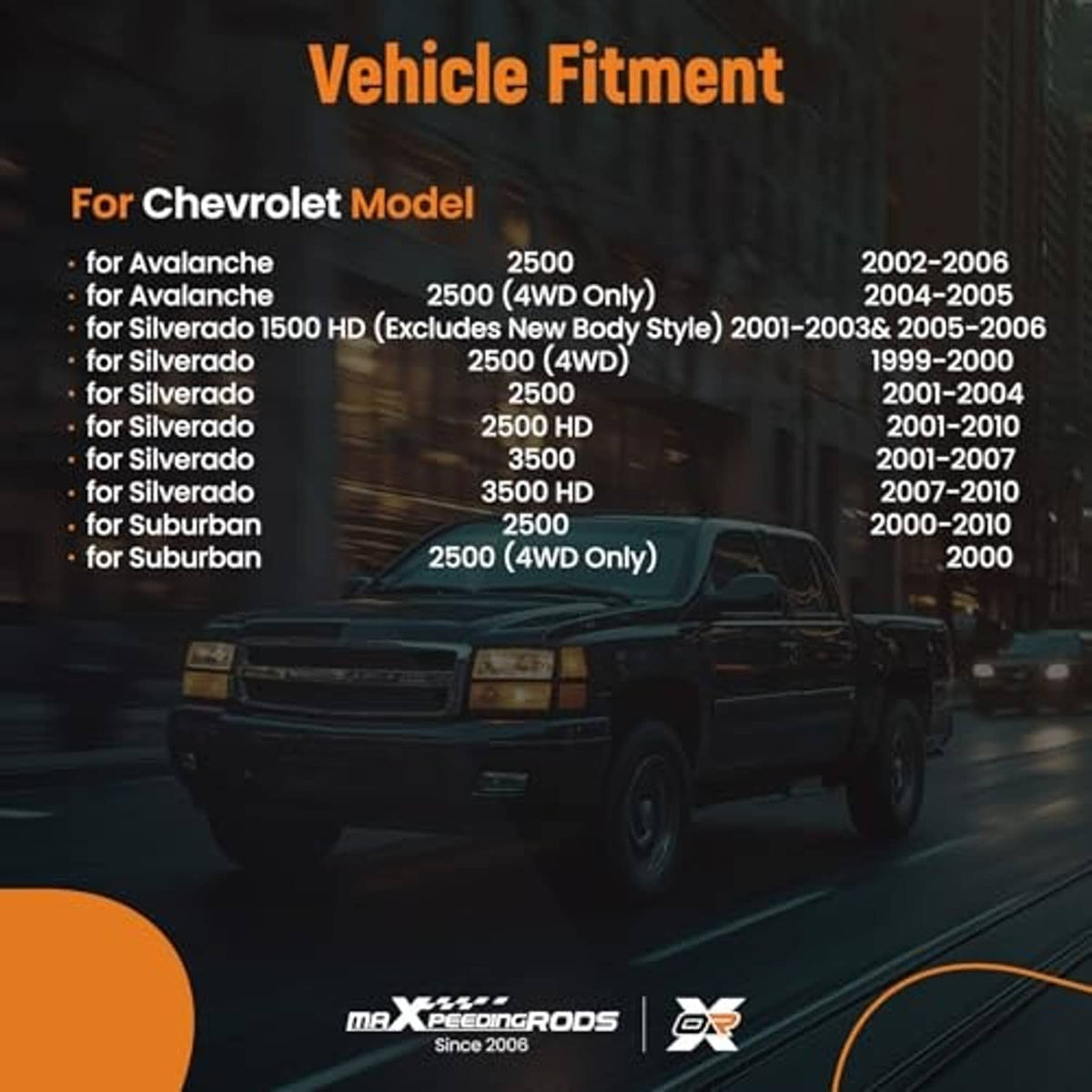 Vehicle fitment chart for Chevrolet models and 2000–2006 years
