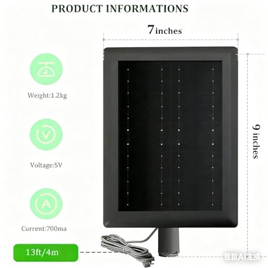 Square black solar panel with mounting stand and cable, with panel grid details