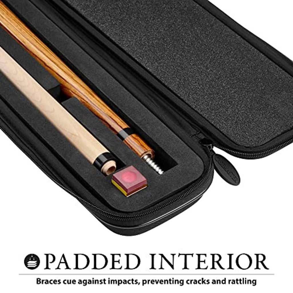 Black cue case interior with foam slots holding two cues and a small accessory piece