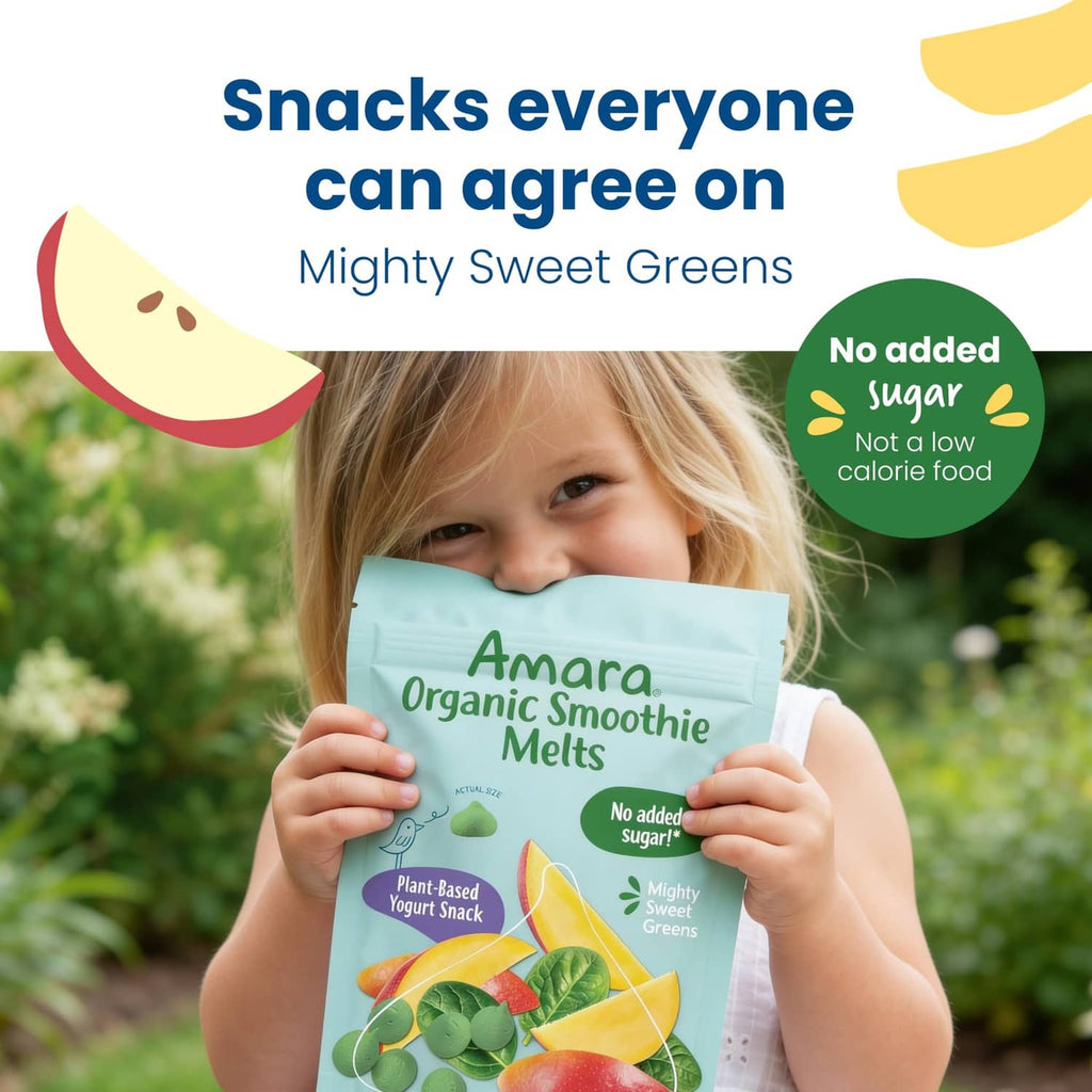 Amara Organic Smoothie Melts Mighty Sweet Greens pouch held by a child