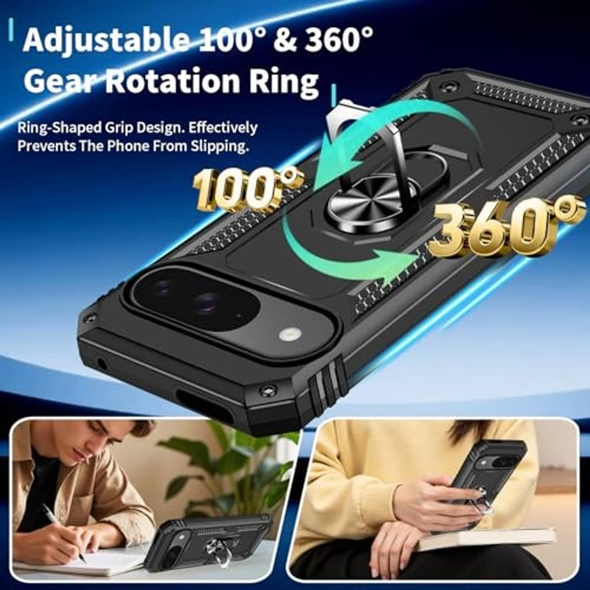 Black rugged phone case with adjustable 360-degree rotation ring and textured grip texture