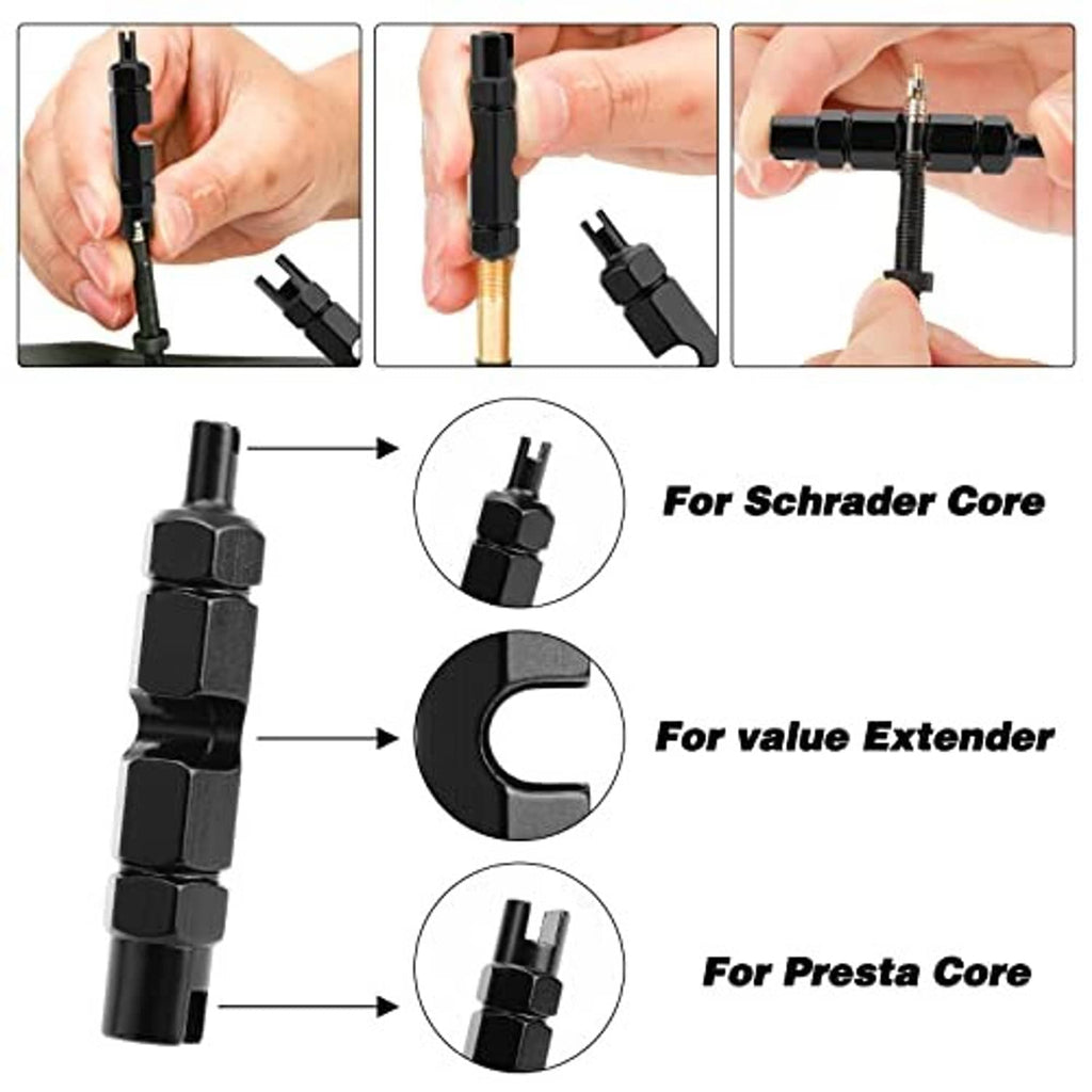 Hands using a black tool to install and remove Schrader and Presta valve cores