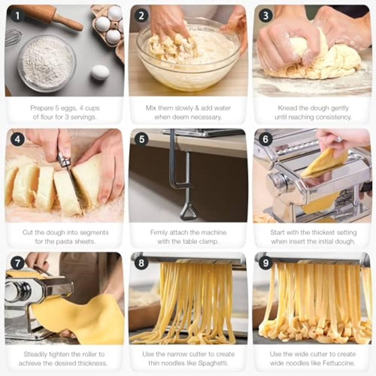 Step-by-step use of a hand pasta machine with dough prep and cutting