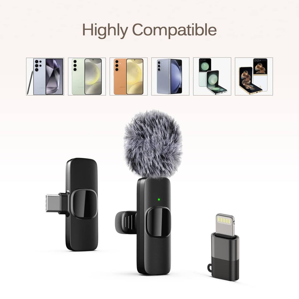Black wireless lavalier microphone with furry windscreen and Lightning-style connector