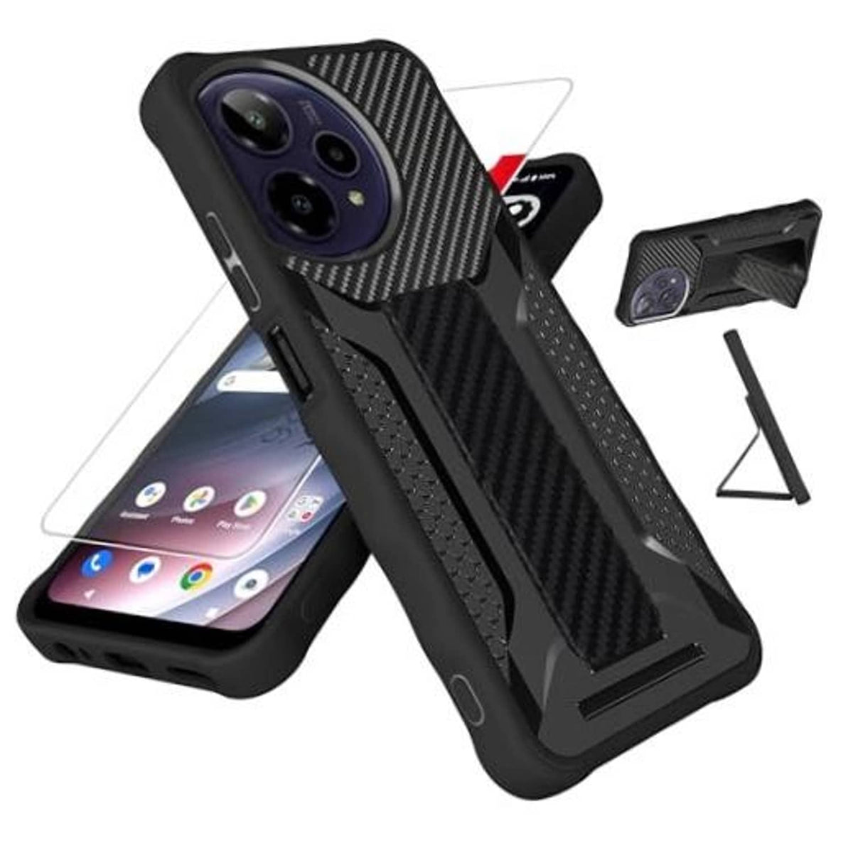 Black rugged phone case with carbon-fiber texture and raised camera cover