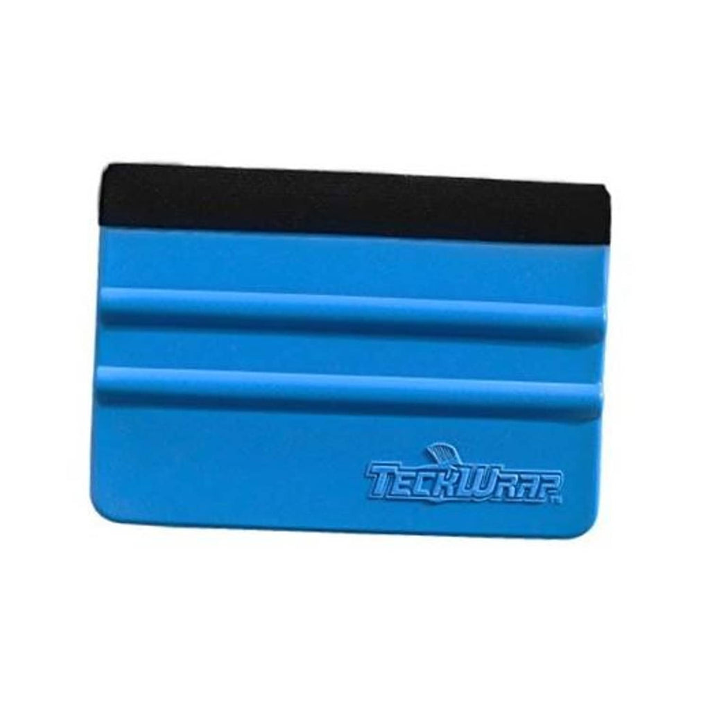 Blue plastic squeegee with black felt edge for applying and smoothing vinyl decals
