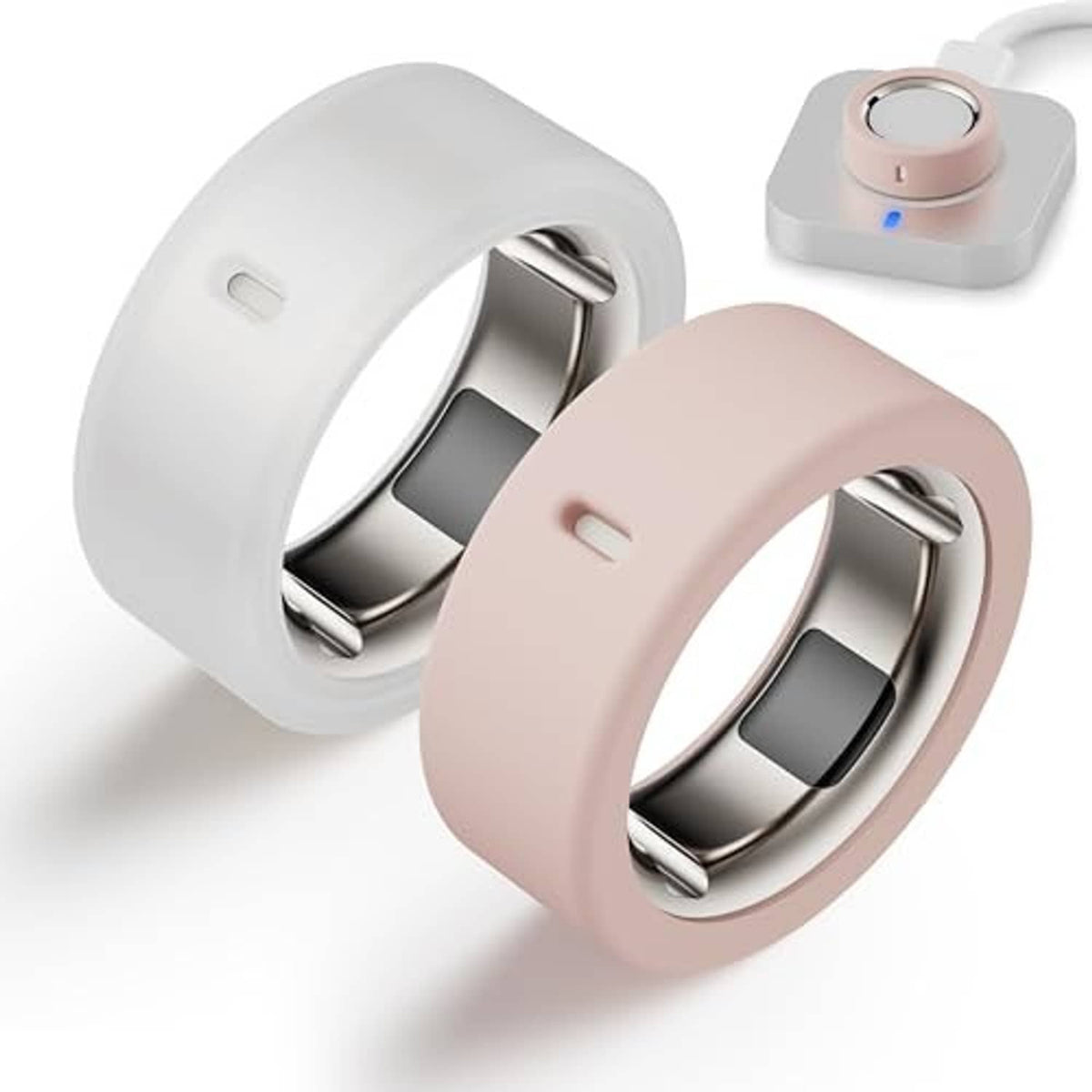 Oura ring protector case set with white and pink silicone bands and open ring tray