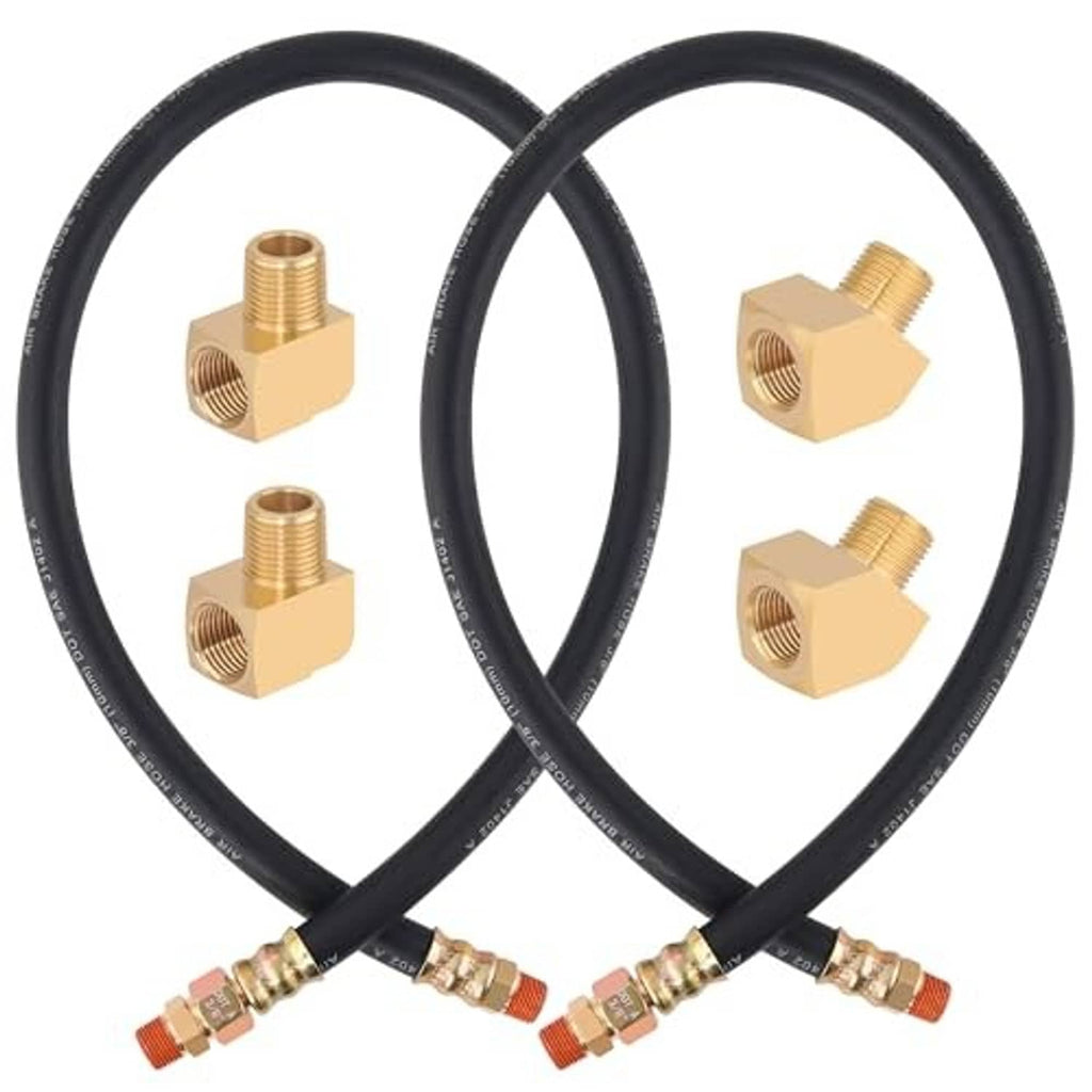 Pair of black air brake hoses with brass swivel fittings and red sealing rings