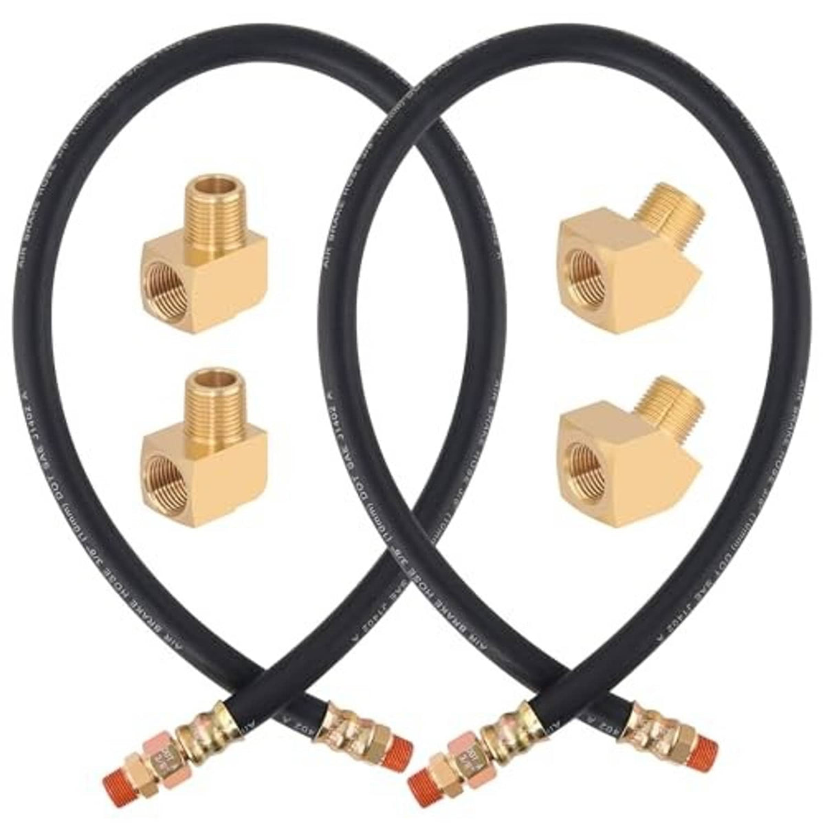 Pair of black air brake hoses with brass swivel fittings and red sealing rings