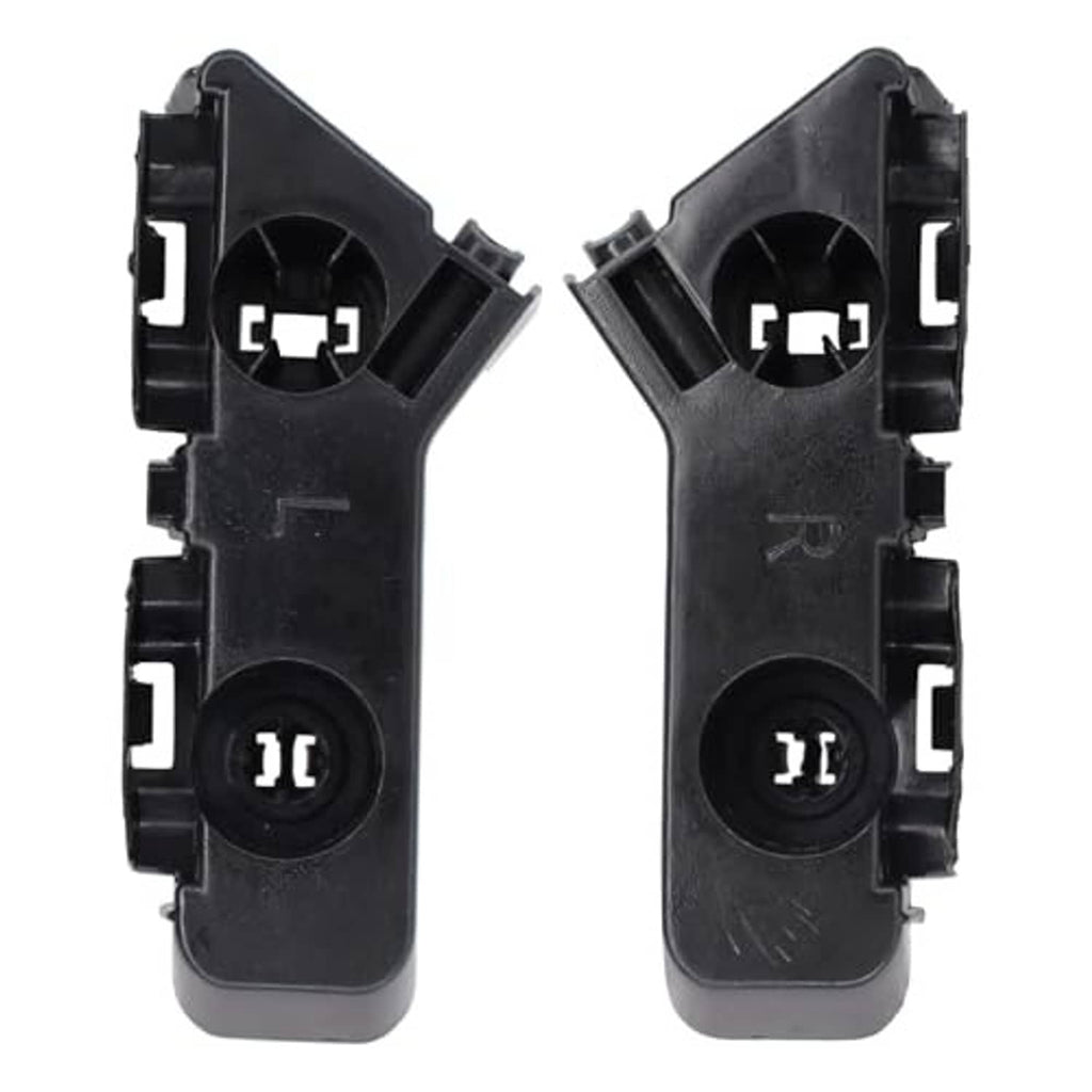 Pair of front bumper brackets, black plastic backing with rectangular clip tabs and round holes