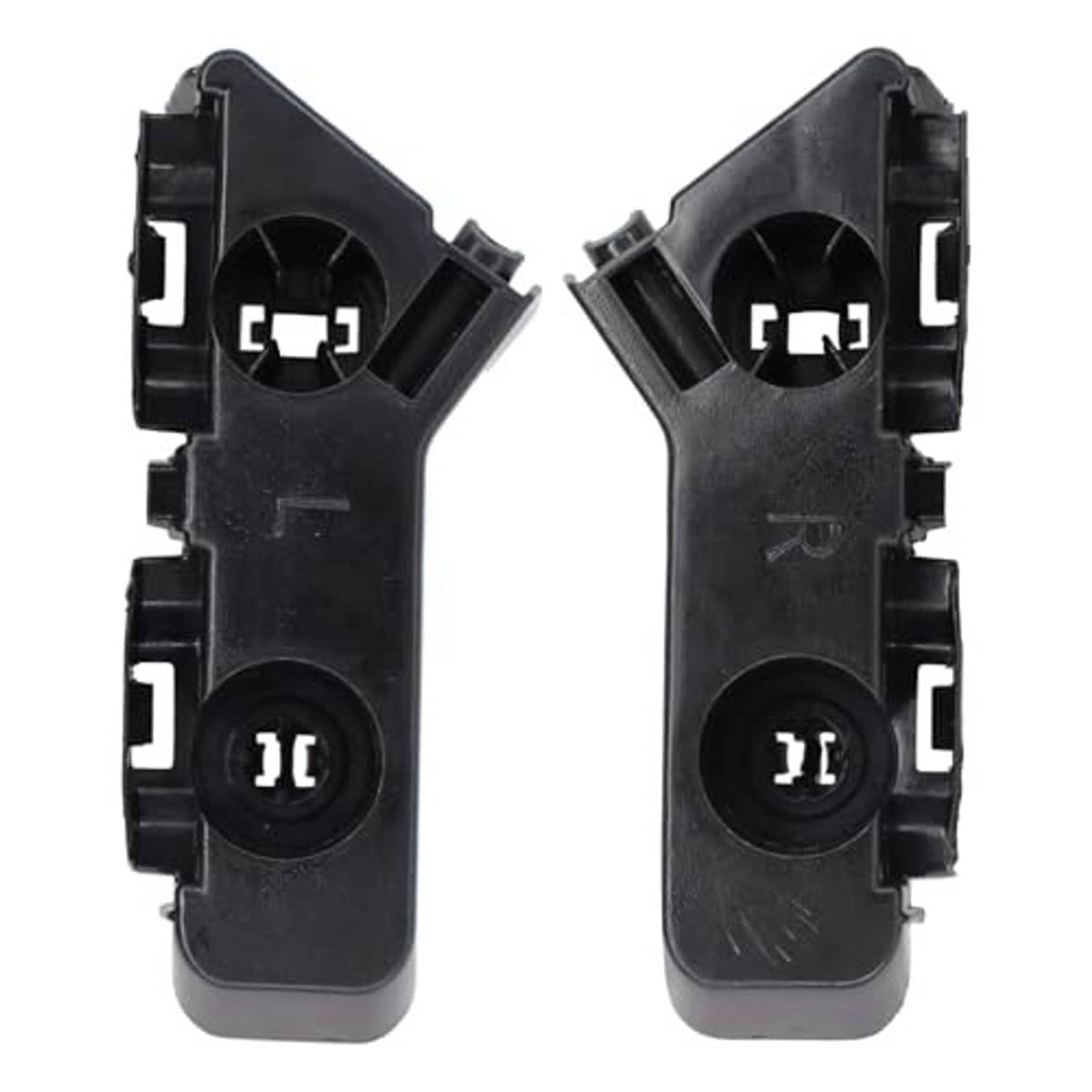 Pair of front bumper brackets, black plastic backing with rectangular clip tabs and round holes