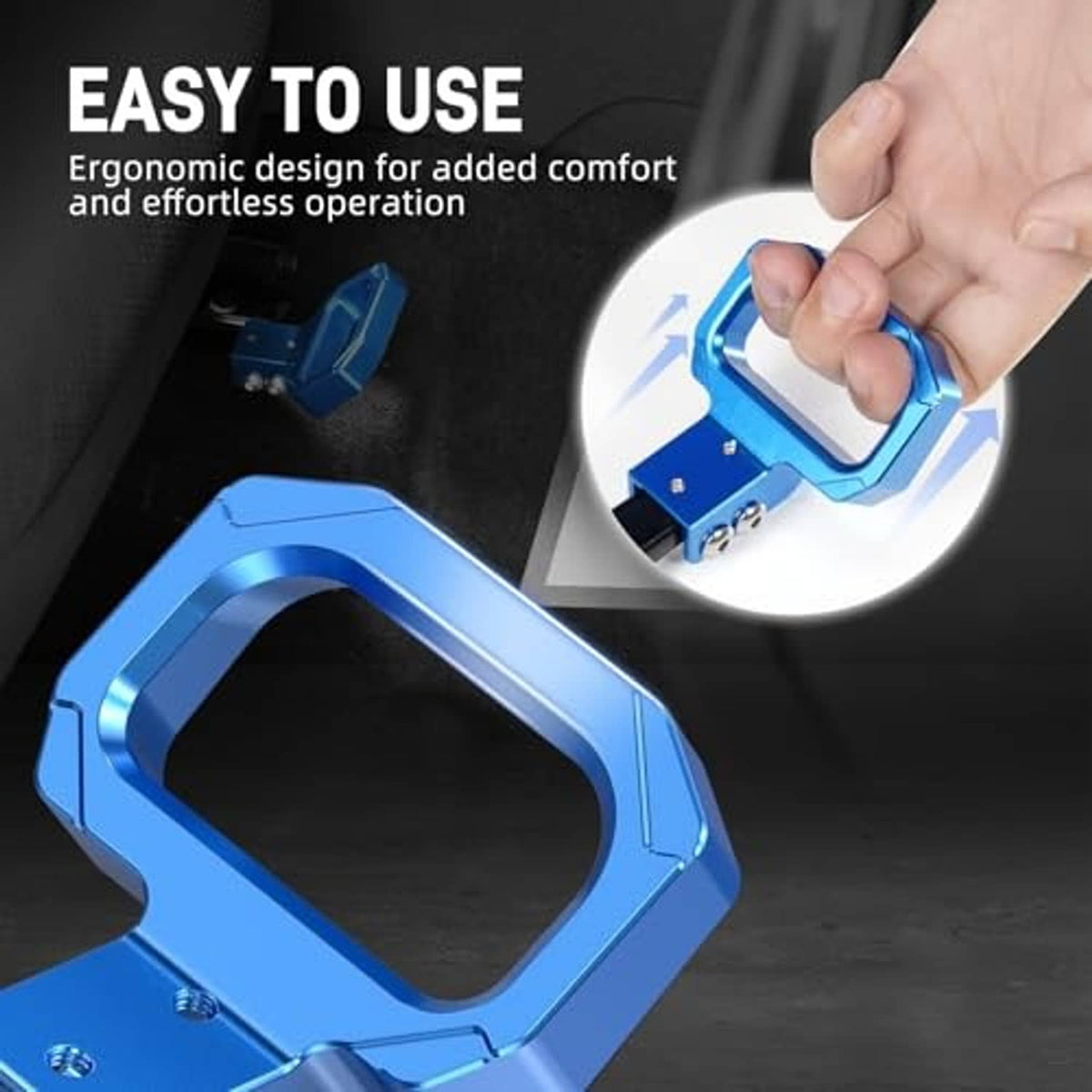Blue seat release handle with easy-grip opening and mounting tabs