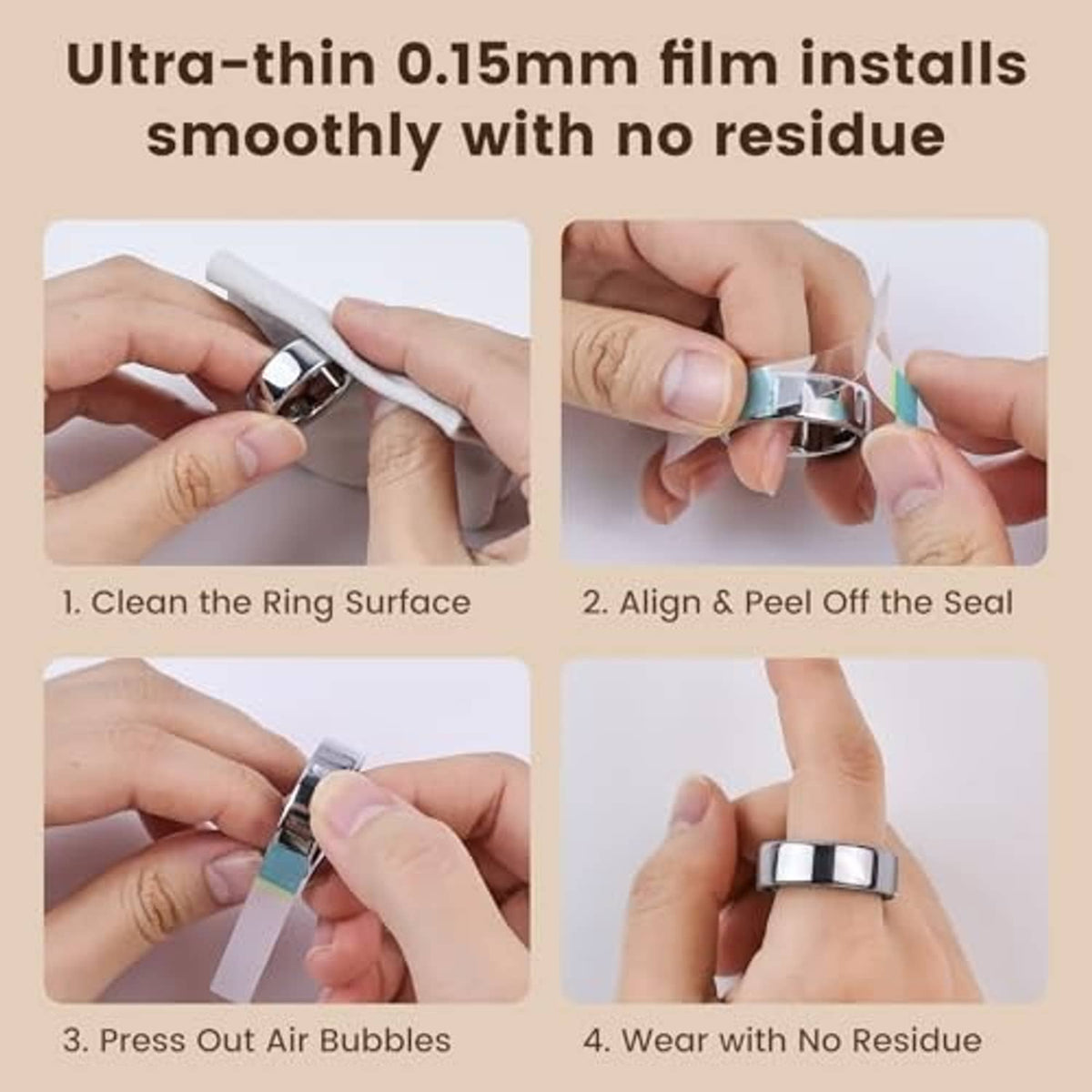 Ultra-thin transparent protector film installation on Oura Ring, aligning and smoothing
