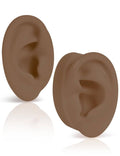 Pair of dark brown soft silicone ear models, left and right, realistic inner ear detail