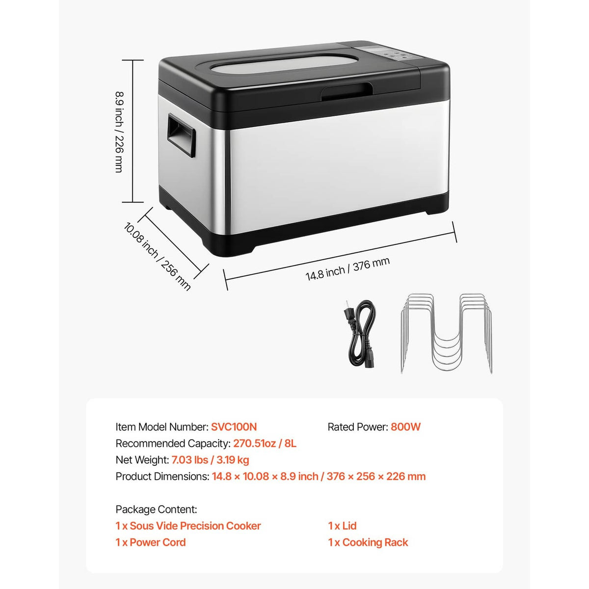 Sous vide precision cooker side view with dimensions and included power cord and racks