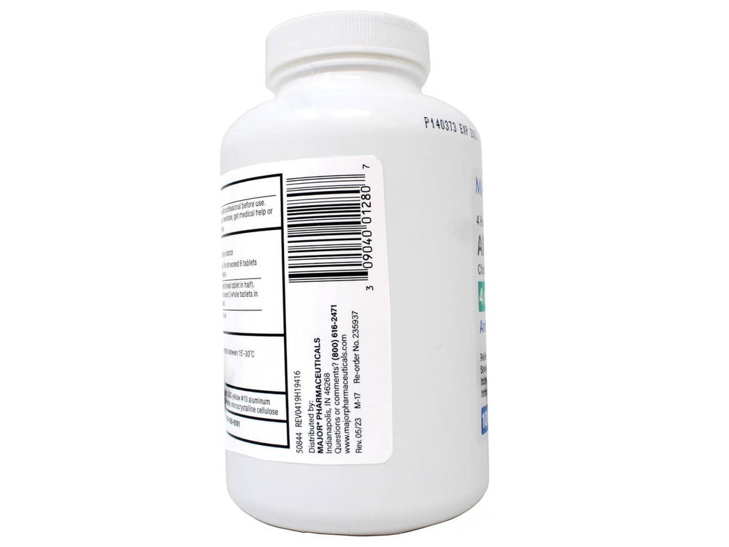 Major allergy tablets bottle with side barcode and small ingredient label