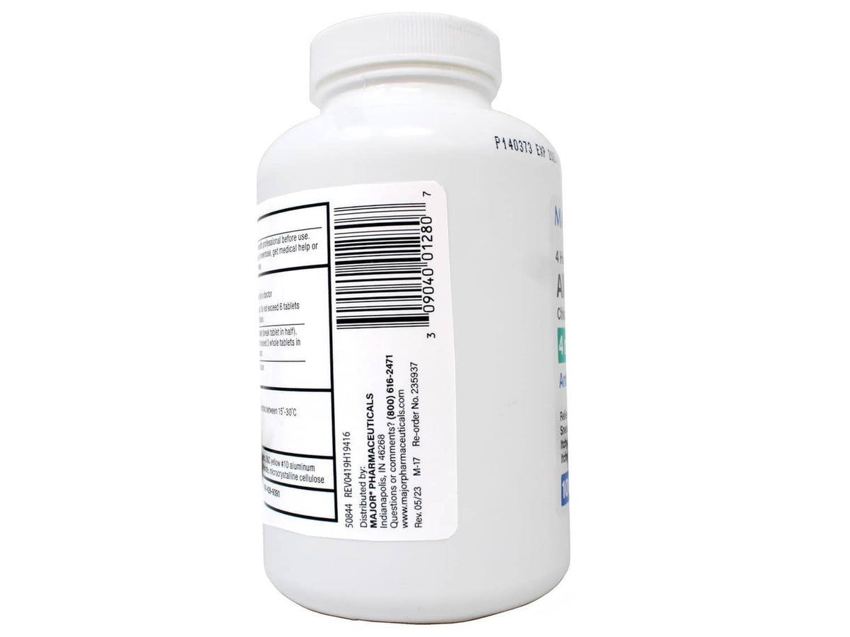 Major allergy tablets bottle with side barcode and small ingredient label