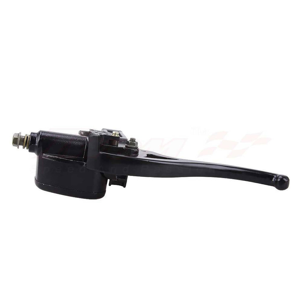 Front right brake master cylinder with lever, black reservoir and connection fitting