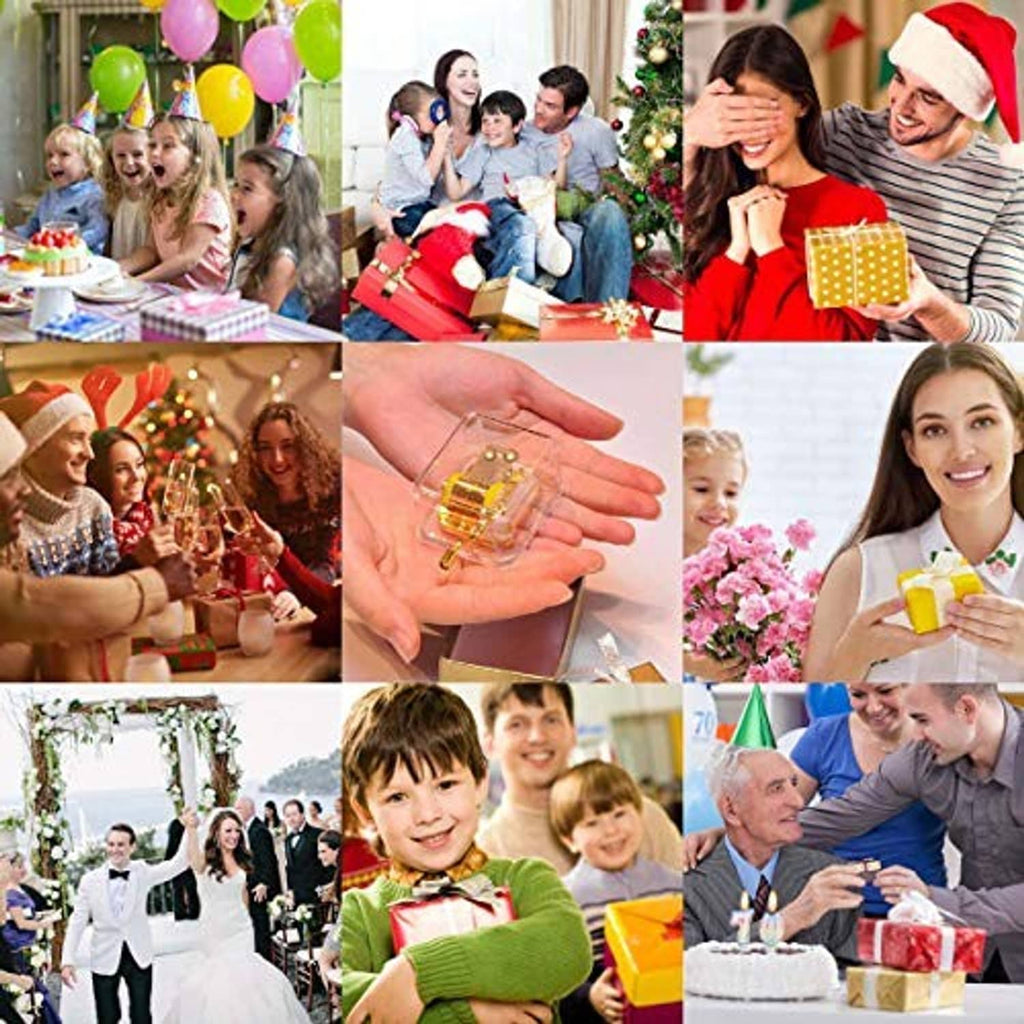 Gold hand-crank music box shown with festive gift celebration scene.