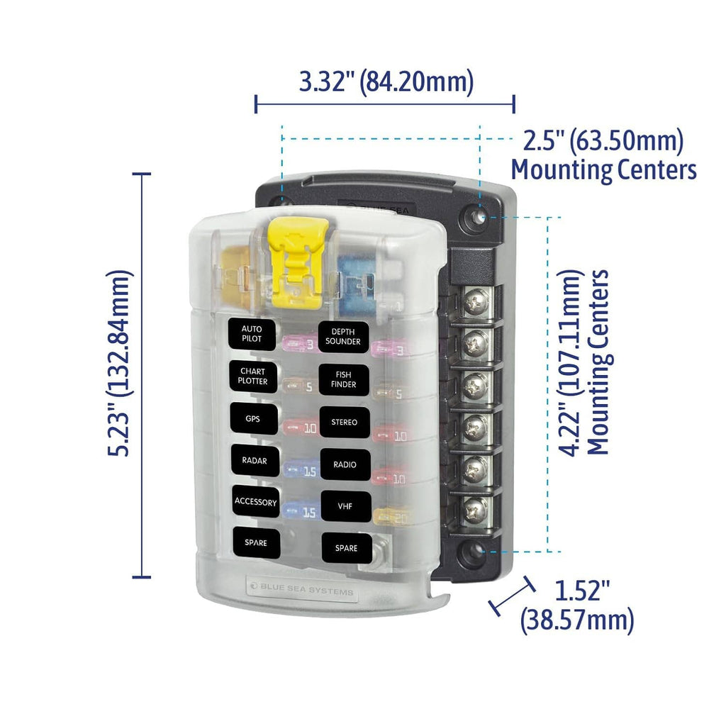 Blade fuse block size diagram with mounting centers and overall dimensions