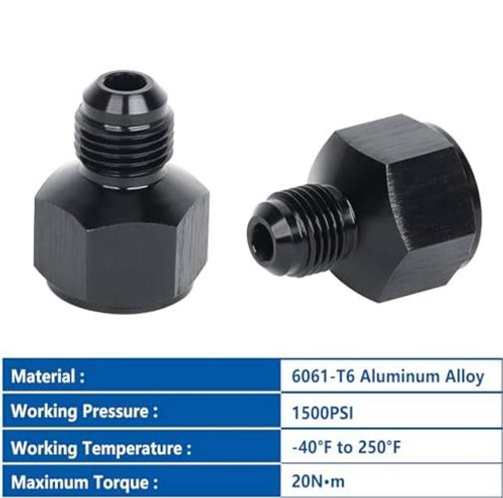 Black aluminum AN reducer adapter, hex body with threaded male and female ends