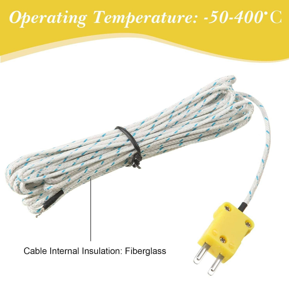 Single K-type thermocouple probe with yellow plug and coiled glass-fiber cable