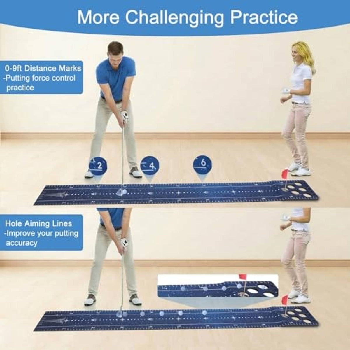 Blue putting mat with numbered aiming circles and goal hole row
