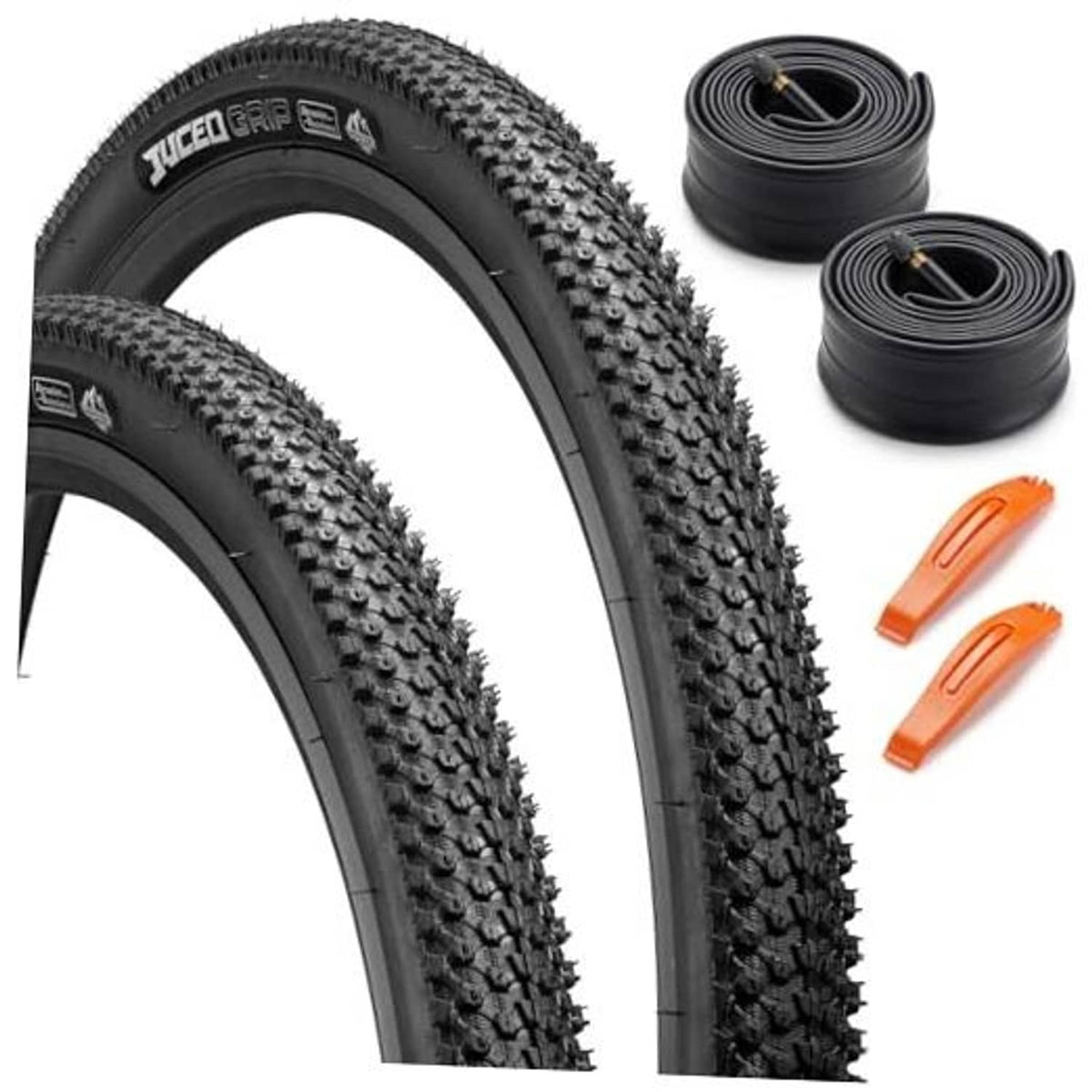Folding bike tire set: two black 26x1.95 tires, two inner tubes, and orange valve tools