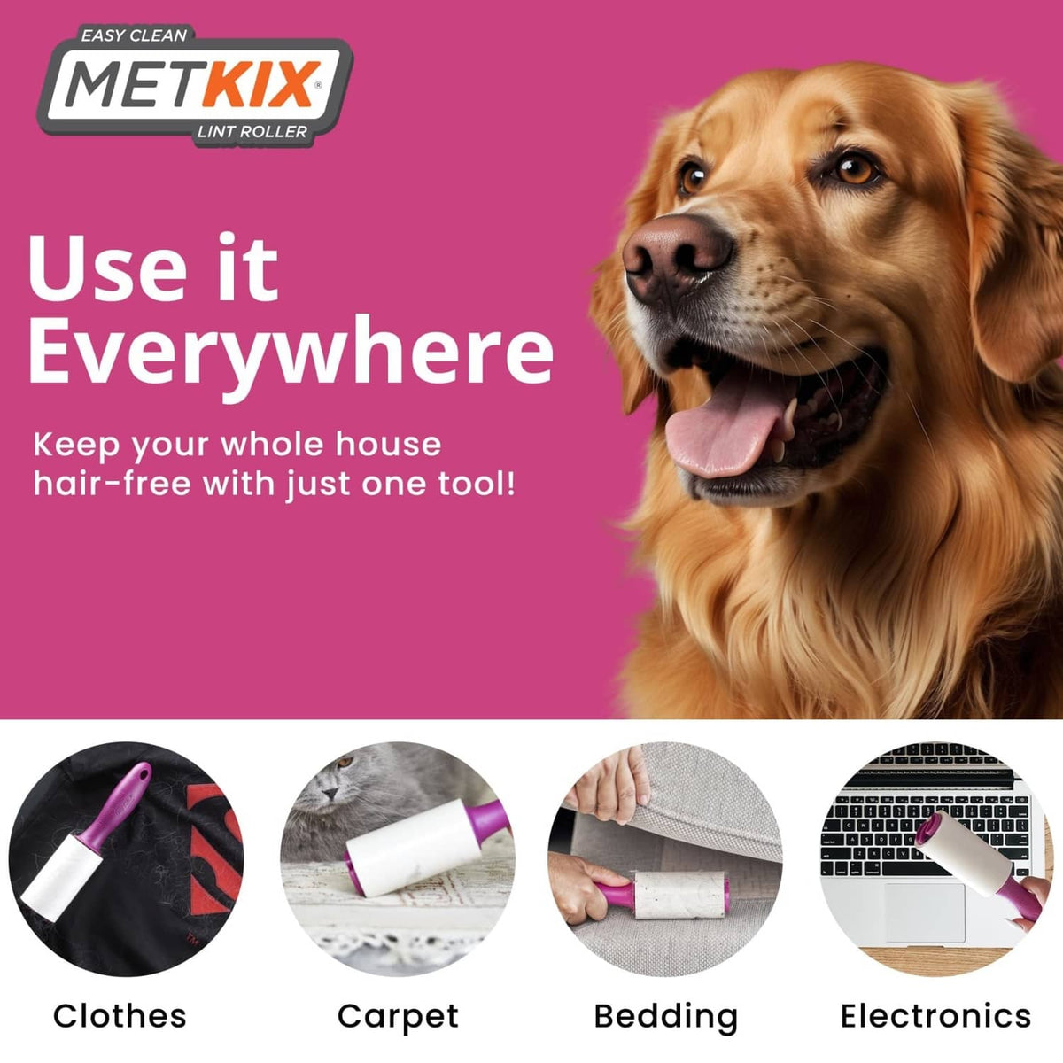 Pink Metkix lint roller refill on packaging with use-everywhere icons