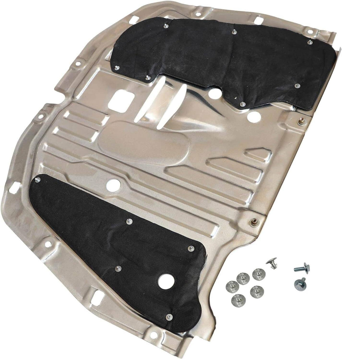 Engine splash guard underbody shield with silver plate and two black fabric panels
