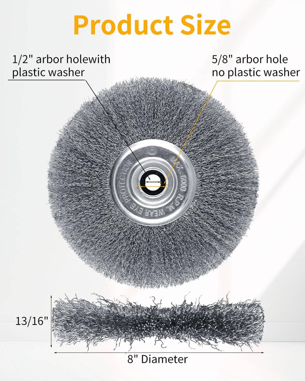 8-inch wire wheel with central arbor hole and mounting hub, dark gray steel bristles