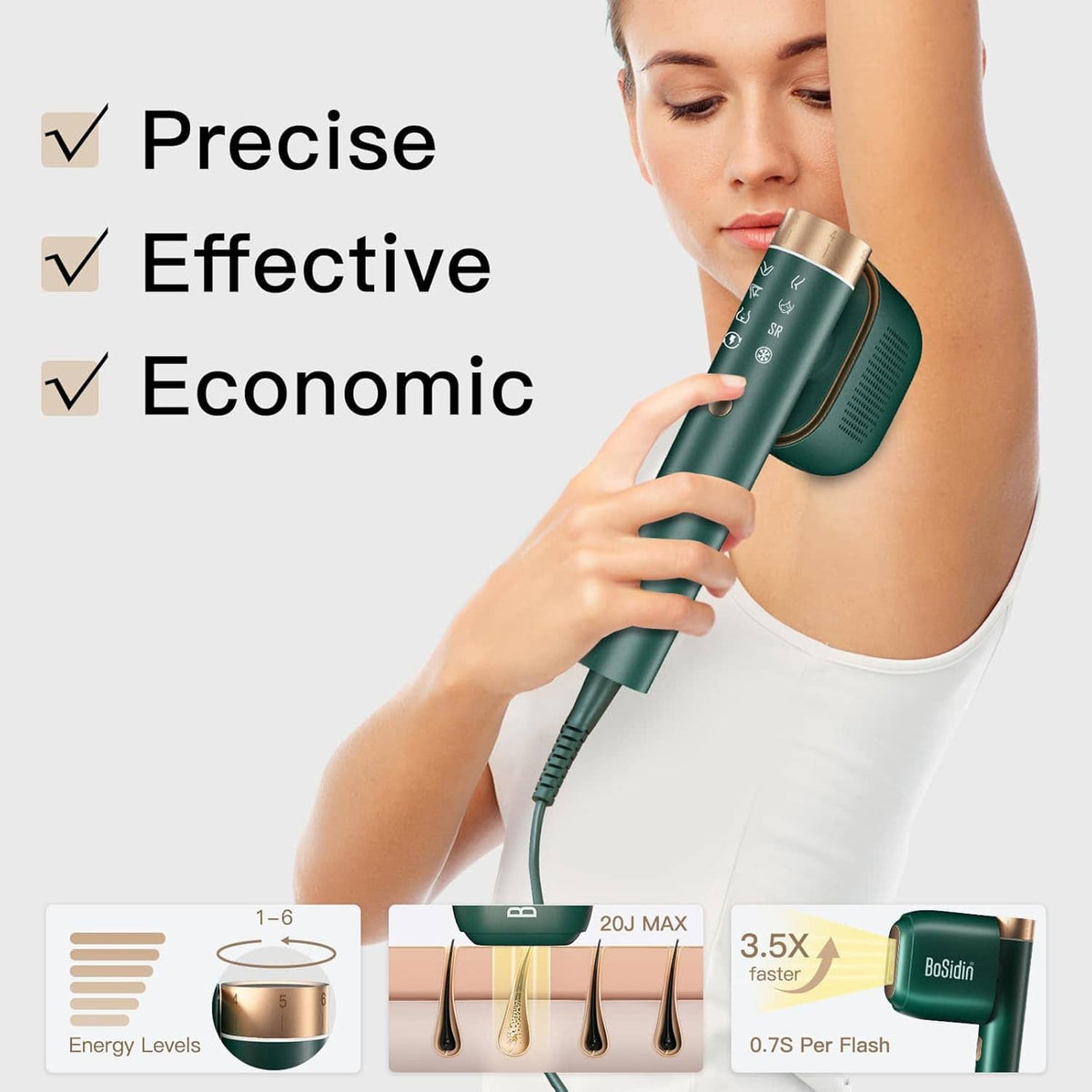 Green IPL hair removal device with cord and precision treatment head