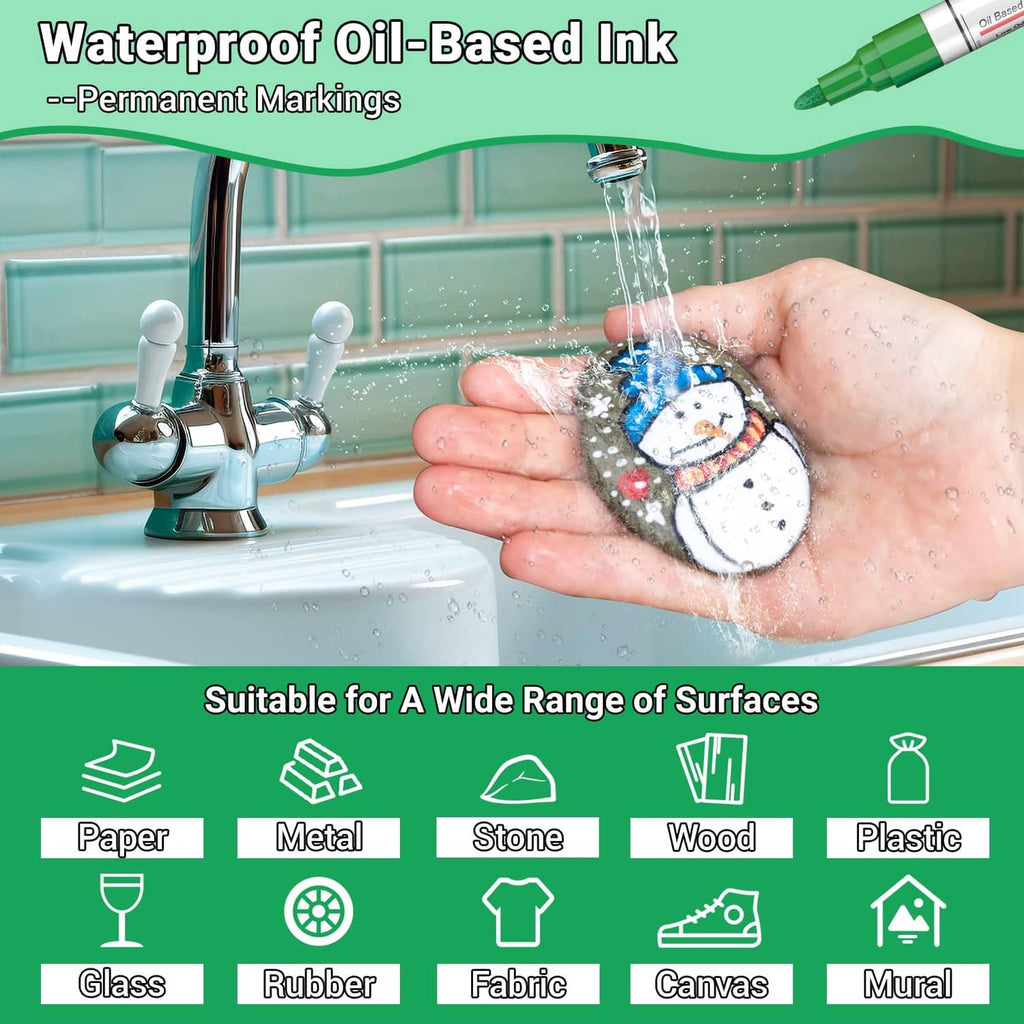 Hand holding a green oil-based ink marker writing on a water-splashed surface