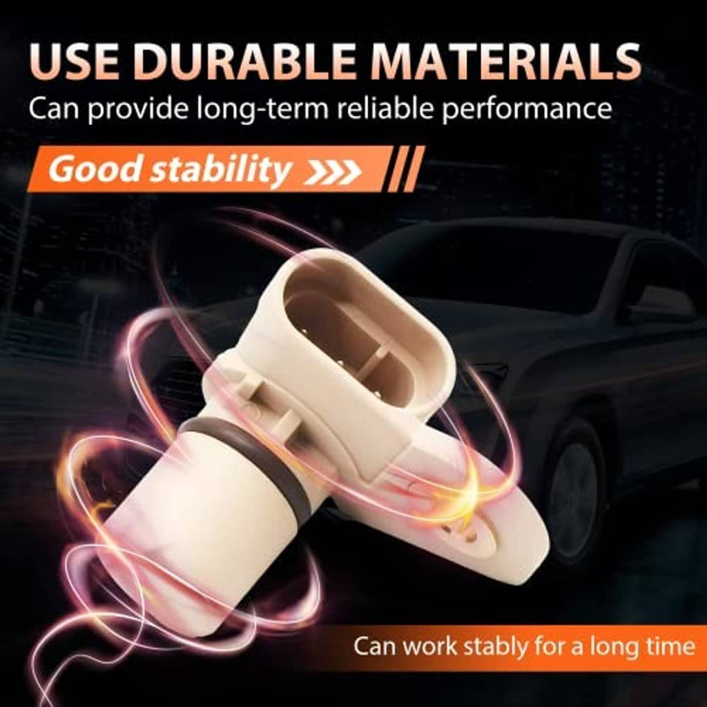 Durable materials promotional graphic showing camshaft sensor on a car