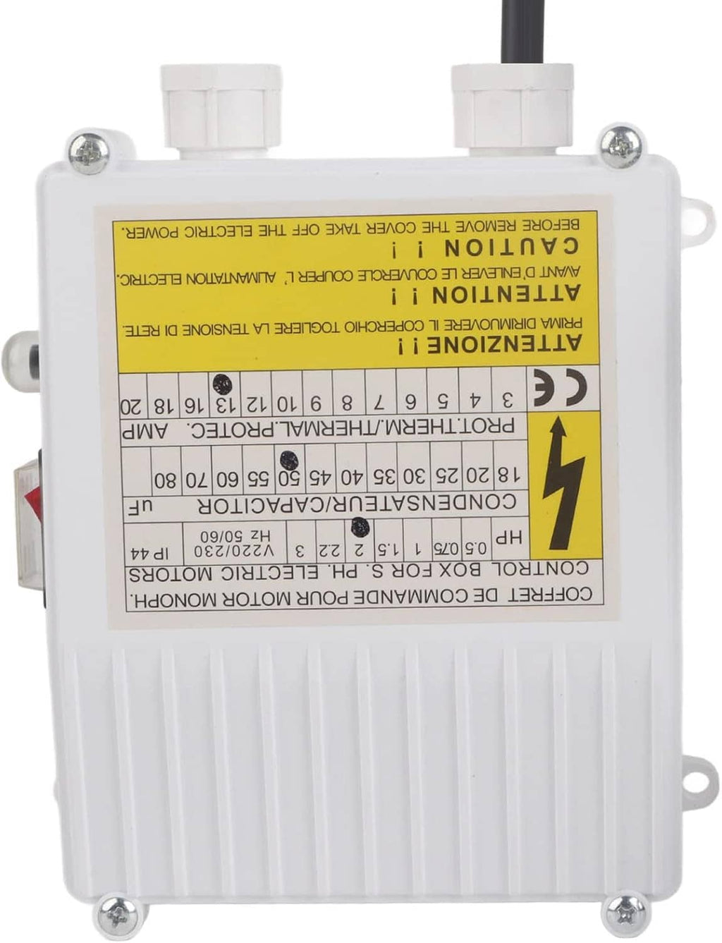 Front view of white submersible pump controller with instruction label and screw corners.