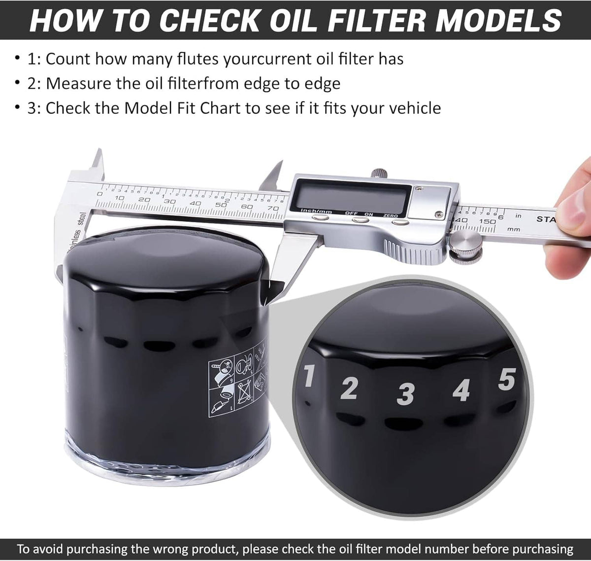 Oil filter cap wrench tool with measuring caliper and numbered fit comparison view