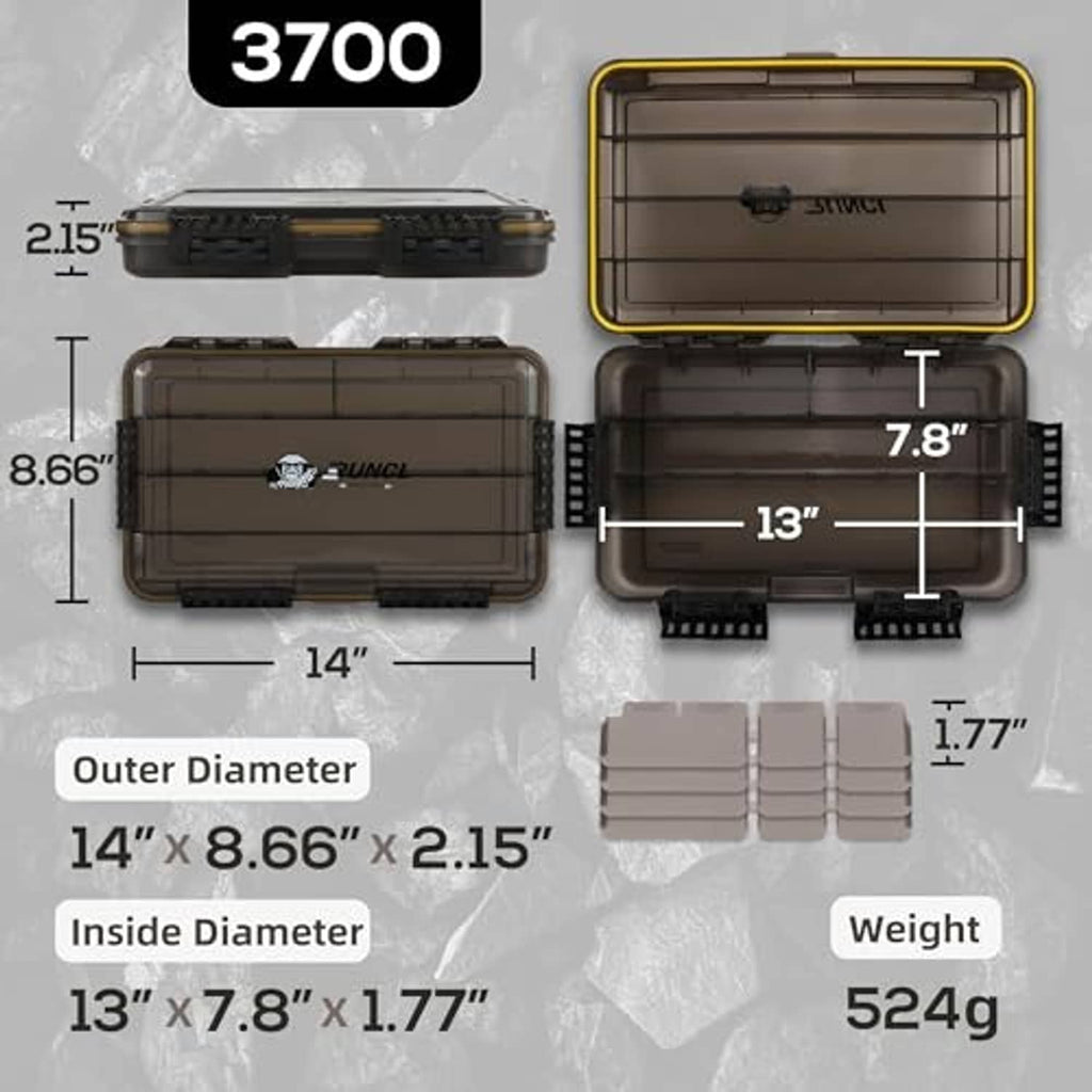 3700 waterproof tackle box size diagram with outer and inner measurements