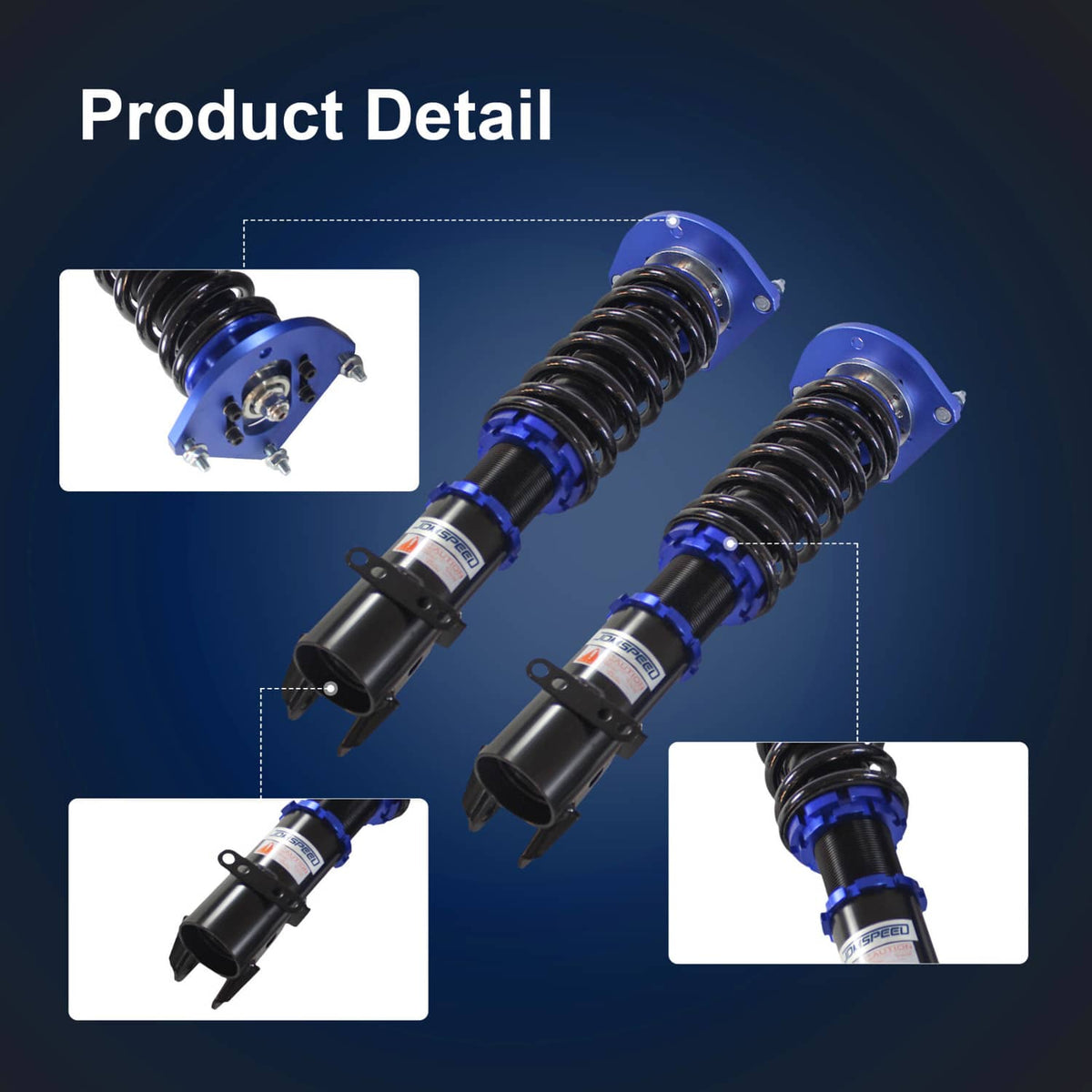 Coilover strut pair detail with blue top mount and black shock housings