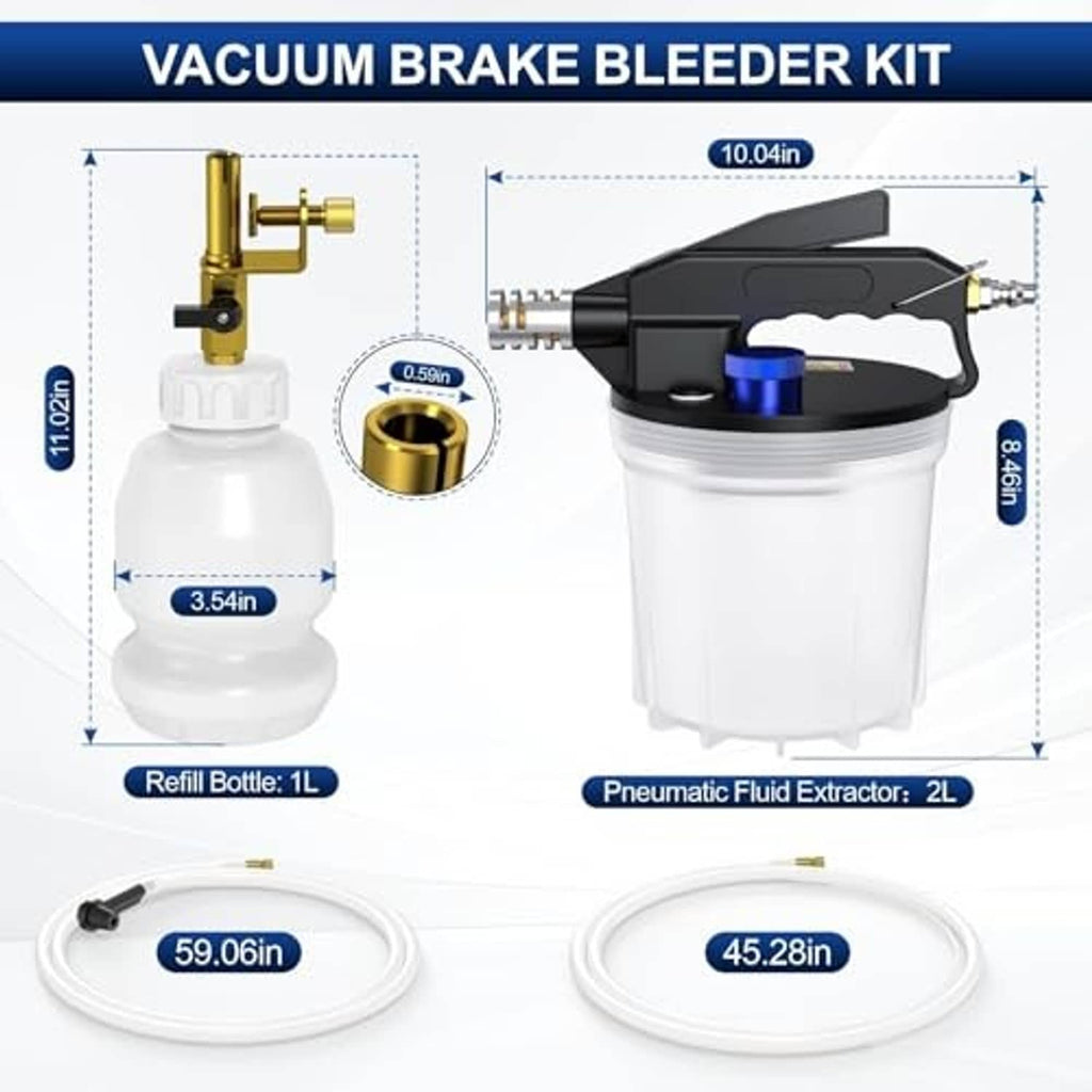 Vacuum brake bleeder kit diagram showing black pump unit, white bottles, and brass connector