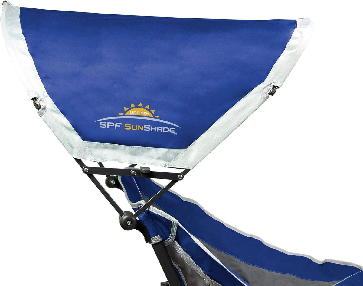 Blue sunshade canopy on outdoor rocking chair with molded armrest supports