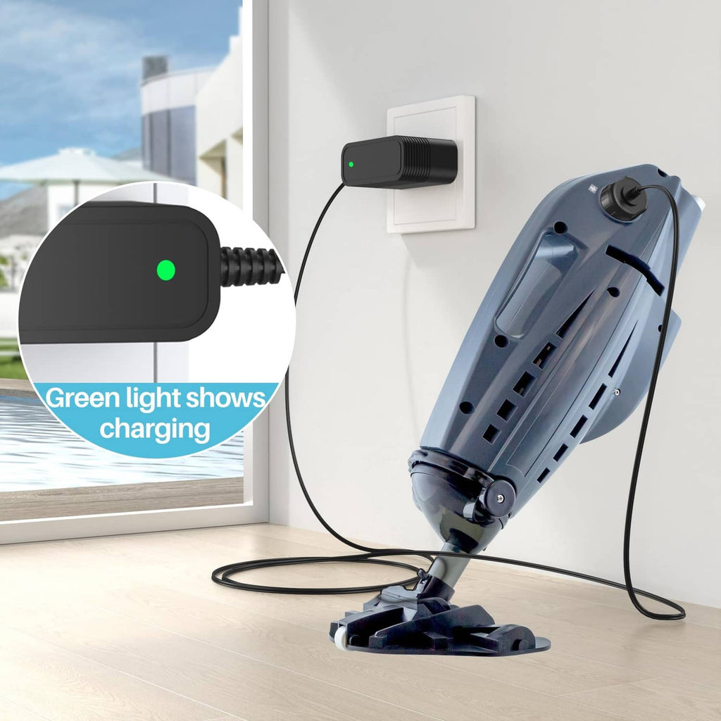Black charger adapter with green charging light indicator and two-prong plug